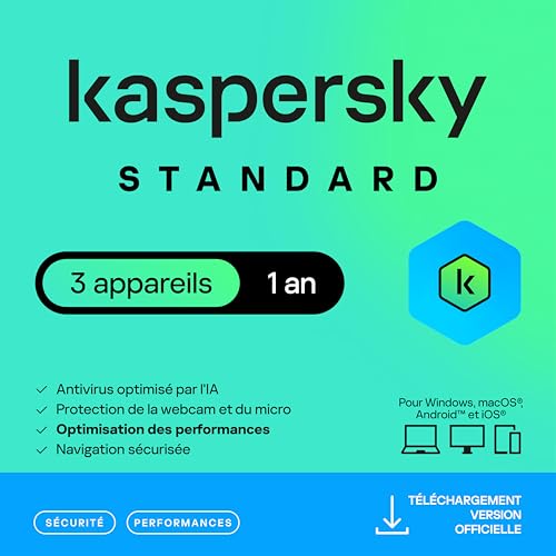 Kaspersky Standard Anti-Virus 2026 |3 appareils | 1 an | Sécurité Avancée | Protection bancaire | Optimisation des performances | PC/Mac/Mobile | Code...