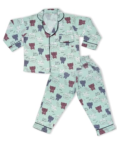 Image of MINIMATES Unisex Kids Cotton All Over Printed Night Suit Sleepwear Top & Pyjama Set Full Sleeve with Pockets for Girls & Boys with Buttons /Sleepwear for Girls /Night Dresses