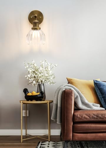Image of Vintage Brass Wall Sconce, Adjustable Wall Light with Clear Ribbed Tulip Glass Shade, Hardwired E26 Wall Lamp, Industrial Antique Wall Lighting Fixture for Bathroom Vanity Bedroom Hallway Kitchen
