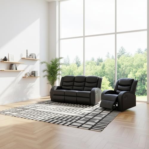 Image of Manual Recliner Sofa Set, Leather Reclining Living Room Furniture Set, Adjustable Backrest Reclining Chair and a 3 Seater Couch Furniture Set for Living Room, Home Theater, Black