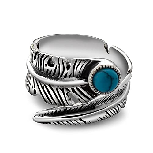 HCMA Anillos chapados en Plata 925 para Hombres y Mujeres, Anillo de Plumas Vintage con Anillos de Apertura Ajustables de Turquesa sintética, Regalo de joyería