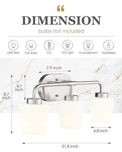 Image of Bathroom Light Fixtures Over Mirror, 3-Light Brushed Nickel Vanity Lighting Fixtures with Milk White Glass, Vintage Farmhouse Wall Sconces Lighting, AD-22004-3W-SN