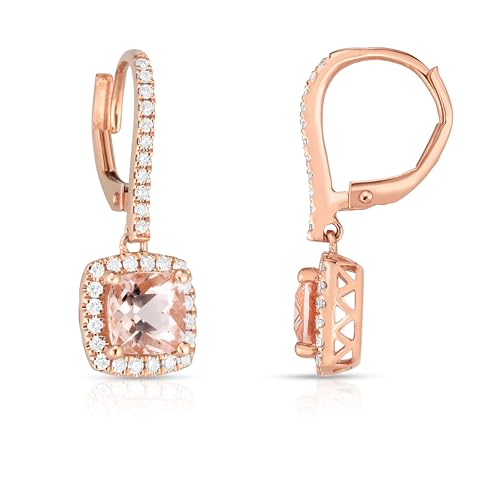 14K Rose Gold Genuine Morganite 6mm Cushion, Diamond Dangle Earrings2