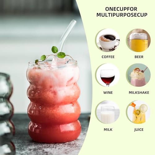 Image of KELVEE Reusable Round Wave Shape Coffee Glass Tumbler with Straw Round Wave Shape Pack of 1, 500ml Multipurpose Drinking Matcha Glasses Aesthetic Sipper Mug for Juice Smoothies Green Tea Cup (Wave)