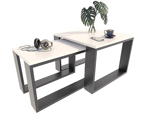 MATKAM Satztisch 2er Set, Couchtisch im Industrie-Stil, hoher Beistelltisch B60 x T60 x H43,3 cm, niedriger Beistelltisch B39 x T39 x H40,8 cm, einfache Montage (Weiß)