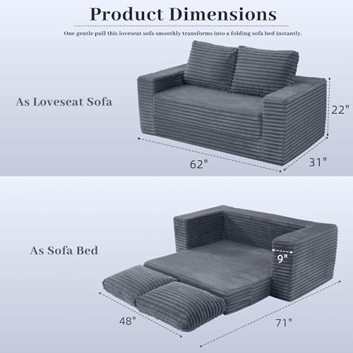 Image of HABUTWAY 62 inch Small Boneless Couch,3-in-1 Convertible Folding Sofa Bed, Corduroy Loveseat Sofa Bed w /2 Pillows for Living Room /Guest Room No Assembly Required, Dark Grey