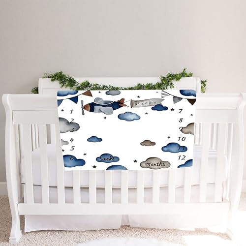 Image of Airplane Theme Baby Monthly Milestone Blanket for Boys, Soft Flannel Aircraft Pilot Cloud Stars Pattern Photography Prop Baby Shower Age Newborn Mom Gifts Nursery Decor (Gray Blue, 48x48in)
