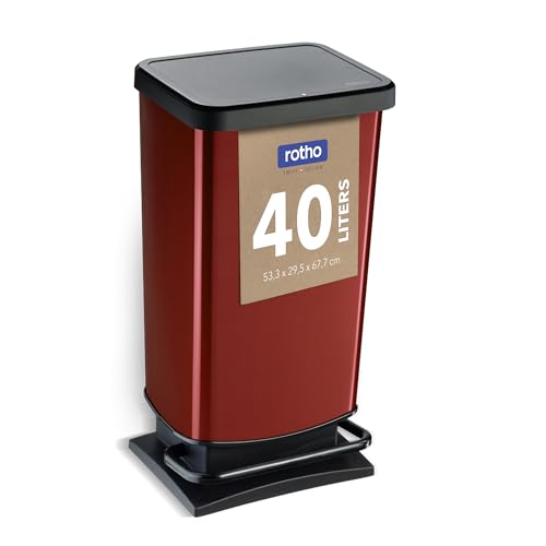 Rotho Paso Mülleimer 40l mit Pedal und Deckel, Kunststoff (PP) BPA-frei, rot metallic, 40l (35.3 x 29.5 x 67.6 cm)
