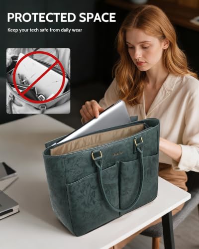 Image of Laptop Tote Bag for Women, Leather Work Tote with Padded Laptop Compartment, Cup Holder, Office Computer Briefcase