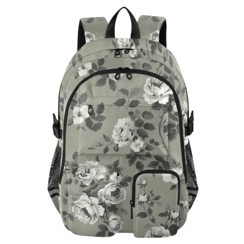 Mochila de viaje grande verde oliva de 17.5 pulgadas con rosas vintage para oficina y universidad
