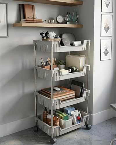 Image of JD FRESH 4-Tier Multi Storage Rack for Home & Kitchen /360-Degree Rotating Wheels with Breathable Kitchen Shelf Storage Rack /Plastic Rolling Cart for Kitchen, Bathroom, Office & Living Room (Grey)