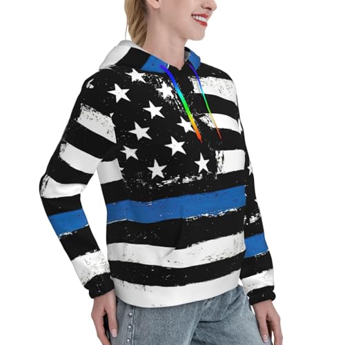 Sweat à capuche rétro bleu fin imprimé drapeau USA pull ajusté femme - 3
