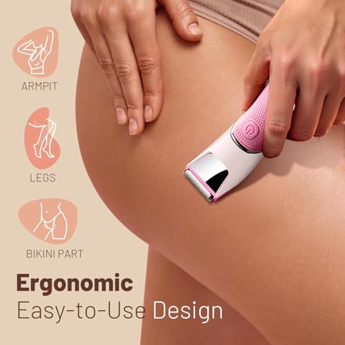 Image of Rechargeable Bikini Trimmer for Women: Pubic Hair Razor with Mirror & LED Light - IPX7 Waterproof Electric Shaver, Travel Lock & Ceramic Blades for Legs Underarm - Light Rose