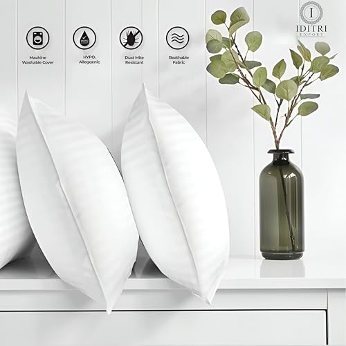 Image of Premium Microfiber Pillow, Soft Satin Stripe Cotton Cover, Down Alternative Fill for Neck Comfort, Hotel Collection Bedding Cushion, 16x24 Inch, White
