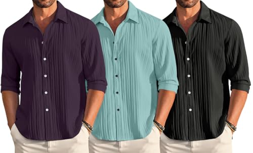 Image of FINIVO FASHION Combo of Men's Casual Cotton Plain Button Down Shirt Long Sleeve Textured Summer Beach Shirt for Men Pack of 3