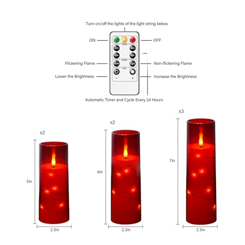 Image of Flameless Candles,with Embedded Star String, Battery Operated Candles Flickering LED Pillar Candles with Remote Control and Timer, Home Decoration Add a Warm and Romantic Atmosphere,Set of 7 (Red)