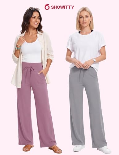 Image of Showitty 1 /3 Pack Women's Wide Leg Pants with Pockets, Casual Loose Pajama Palazzo Trousers Sweatpants for Yoga Lounge