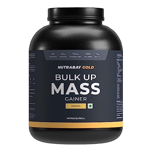 Image of Nutrabay Gold Bulk Up Mass Gainer Powder - 3kg, Mango | 30g Protein, 104g Carbs, 554 Calories | Easy to Digest | 100% Veg Muscle Building & Weight Gainer Supplement for Men & Women