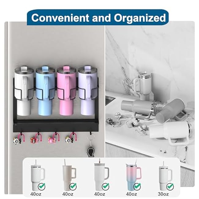 Magnetic Cup Storage Organizer Holder for Stanley 30/40 oz Tumbler,Strong Magnetic Rack for Fridge (Black, 4CUPS)