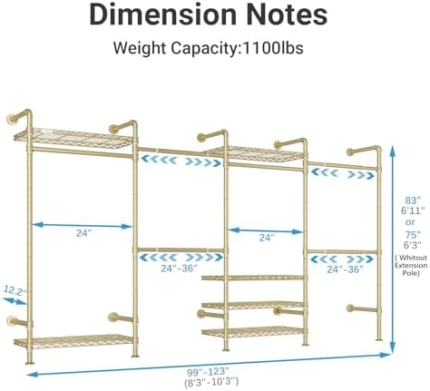 Timate F4 Wall Mounted Clothes Rack Industrial Pipe Clothing Rack for Hanging Clothes, Expandable Garment Rack Heavy Duty Wardrobe Closet Organizer and Storage, Adjustable Industrial Closet Kit, Gold