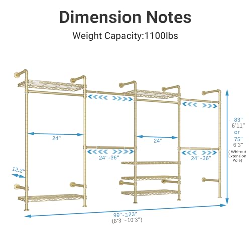 Timate F4 Wall Mounted Clothes Rack Industrial Pipe Clothing Rack for Hanging Clothes, Expandable Garment Rack Heavy Duty Wardrobe Closet Organizer and Storage, Adjustable Industrial Closet Kit, Gold