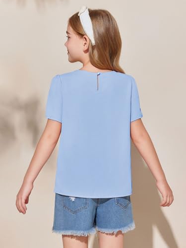 Image of Girls Shirts Summer Short Sleeve Cute Tops Chiffon Pleated Blouses 5-14 Years
