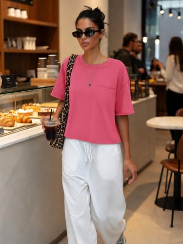Image of ATHMILE Womens Crop Tops Workout Shirts Gym Oversized Spring Summer Basic Tees Short Sleeve Casual Loose Drop Shoulder 2026