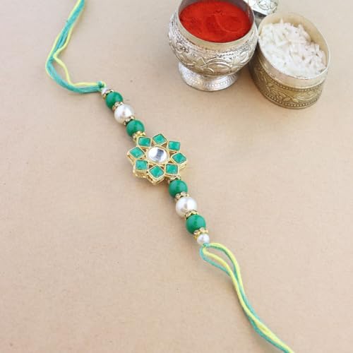 Image of I Jewels Designer Kundan & Pearl Hanging Bhaiya Bhabhi Lumba Rakhi Combo Set For Rakshabandhan (R108-CO)