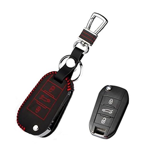 Happyit Cuero Llave Teledirigida del Coche Caso de la Cubierta para 407 308 3008 508 207 208 307 408 301 (Negro cuero rojo hilo)
