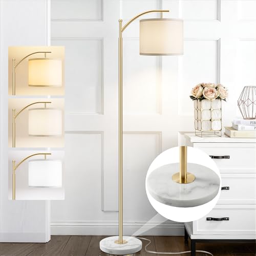 Image of ROTTOGOON Gold Floor Lamp for Living Room with Marble Base, Modern Standing Lamp with 3 Color Temperatures Bulb & Adjustable Linen Shade, Tall Lamp for Bedroom Office Reading Nursery