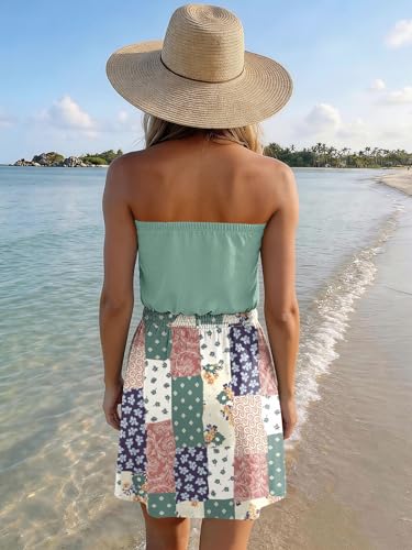 Image of SAUKOLE Summer Dresses for Women Bandeau Strapless Smocked Elastic Waist Sundress Tube Mini Dress with Pockets
