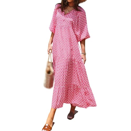 Boho Maxi Dresses for Women Summer Loose V Neck Puff Short Sleeve Dress Casual Flowy Floral Tiered Beach Sundress2