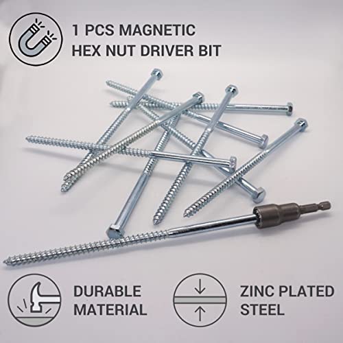SKIR'CO (6 pcs) DIN 571 Zinc Plated Steel Hexagon Wood Screws M8 x 200 mm, Coach Screws, Hex Screw, Lag Bolts (With Magnetic Hex Bit) - Image 3