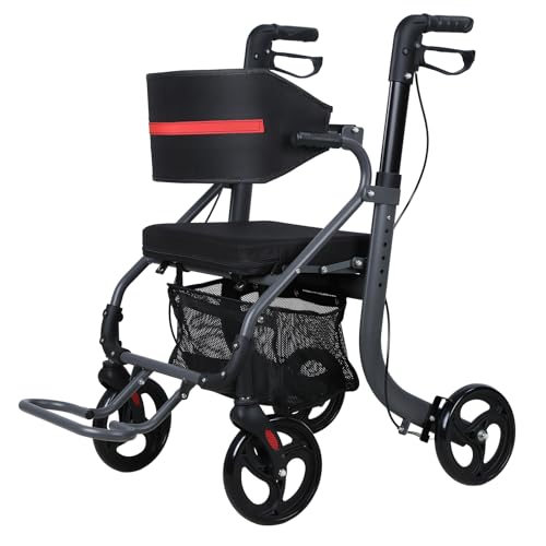 Andador con ruedas para personas mayores con asiento, plegable, ligero, de aleación de aluminio, ruedas de 8 pulgadas, altura ajustable y frenos duales, ayuda de movilidad para ancianos y adultos