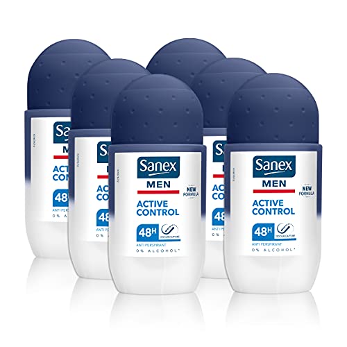 Sanex Men Active Control Antiperspirant, Roll On Deodorant for Men with 48 Hour Odour Capture, 0% Alcohol*, Dermatologically Tested for All Skin Types, Multipack, 6 Pack, 50ml