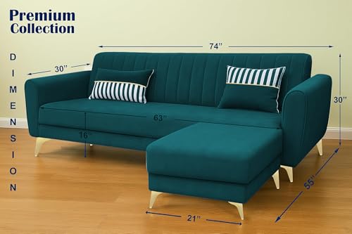 Image of Adorn India Premium Luster 4 Seater L Shape Sofa Set | Velvet Suede Fabric | 3-Year Warranty | Color Ocean Blue with Golden Legs & Striped Pattern Cushion