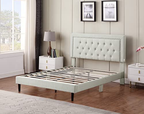 Full Upholstered Platform Bed Frame with 48\" Tall Adjustable Headboard - Button Tufted Linen Velour Bed - Wood Slat Support with Storage Space - No Box Spring Needed - Beige - Oliver & Smith - Berlin - Thumbnail 5