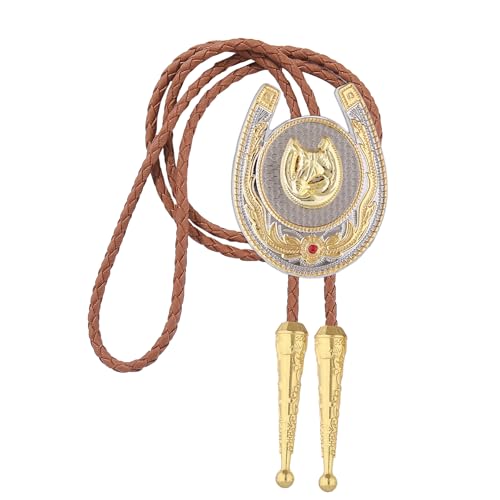 Image of Jeilwiy Bolo Tie for Men, Western Cowboy Golden Longhorn Bull Eagle Horse Cowboy Hat Bolo Necklace Leather Necktie for Women