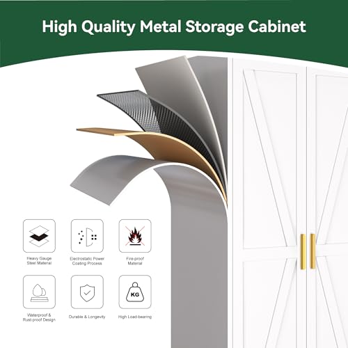 Image of Metal Combination Cabinet, Utility Closet Storage Cabinet with 4 Shelves, Farmhouse Pantry Closet with Doors, 71 inch Tall Storage Cabinets with Hanging Rod and Shelf for Laundry Mudroom Office Bedroom