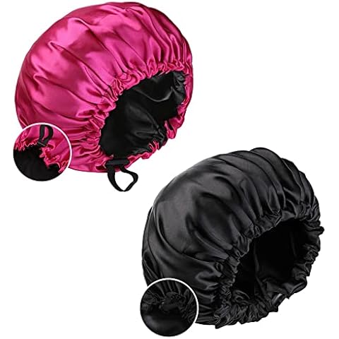 2 Pieces Adjustable Silk Bonnet, Waterproof Satin Hair Cap, Silk Cap Curly Hair, Soft Elastic Satin Bonnet Double Layer Sleep Cap with Drawstring for Facial Care, Bathing, Cooking, Women's Cover