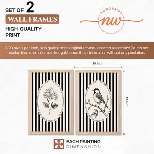Image of NoWorries Vintage Botanical Bird & Floral Wall Art Prints Set of 2, Black and White Striped Gallery Wall Decor, Minimalist Farmhouse Bird Illustration, Framed Nature Artwork for Living Room Bedroom Office (Art-1, 10x13inch)