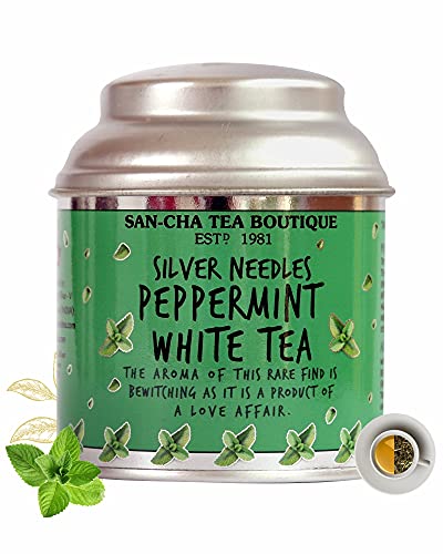 Image of Sancha Tea Boutique, Peppermint White Tea, 25g Loose Leaves | Refreshing & Calming Silver Needle White Tea with Real Mint Leaves | Detox & Antioxidant Rich | Micro-Batch Blended