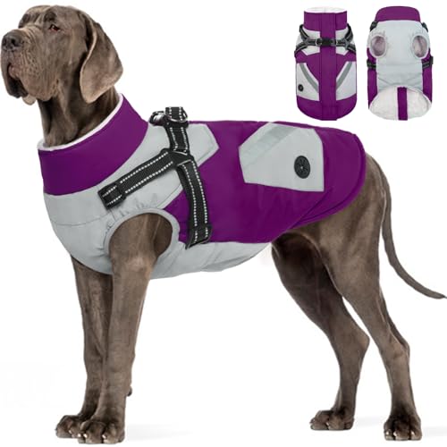 FUAMEY Dog Winter Jackets for Large Dogs,Dog Coat with Harness Built in,Waterproof Dogs Snowsuits Warm Pet Jacket Zip Up Fleece Cold Weather Coats Ref