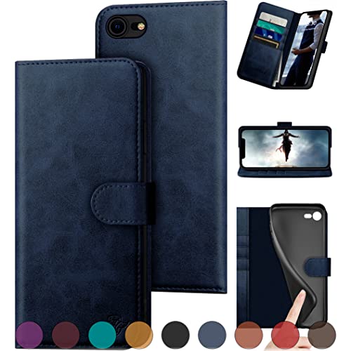DuckSky for iPhone 7/8/SE 2020/SE 2022 Genuine Leather Wallet case?RFID Blocking??4 Credit Card Holder??Real Leather?Flip Folio Book Phone case Protective Cover Women Men for apple 7/8 case Dark Blue