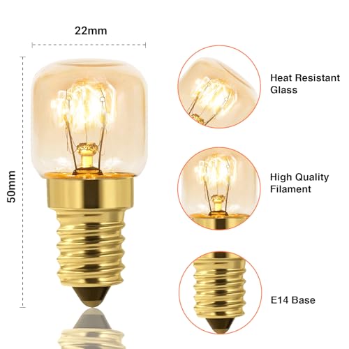 Caldarax 3 Stück Backofenlampe T22 E14 Dimmbar, 2700K Warmweiß, Backofen Birne Bis 300°C Hitzebeständiges, 160LM, E14 Edison Glühbirne, Ersatzglühbirne Für zu Backöfen, Kühlschränke, Salz-Lampen