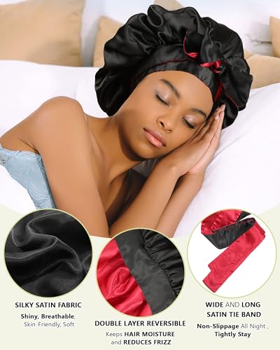 Satin Bonnet Silk Hair Bonnets for Women Curly Hair Wrap for Sleeping - Reversible With Tie Band Night Cap Double Layer for Curly Hair (Black + Red)