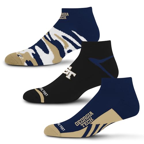 For Bare Feet NCAA Georgia Tech Yellow Jackets CAMO BOOM 3 Pack Ankle Sock Team Colors Medium