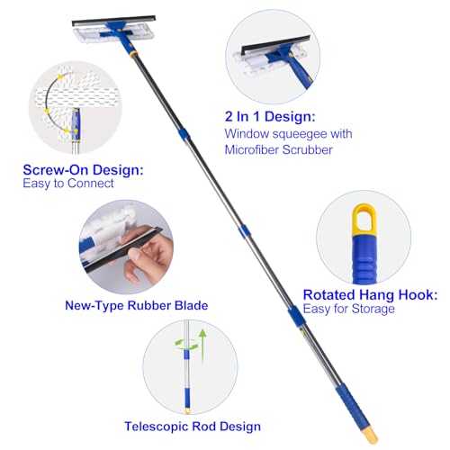 Image of Squeegee for Window Cleaning with Extendable Pole, 53 inch 2-in-1 Window Cleaning Tool Kit, Shower Squeegee with Long Handle, Indoor /Outdoor High Window Cleaning-Two Pads