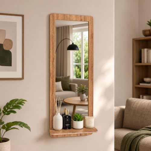 Image of Creative Arts n Frames 15x39 inch Wall Mount HD Framed Mirror with Shelf for Bathroom Bedroom Living Room Home Office Decor Items (Natural Iqurel Oak Light Mirror with Shelf Rectangular.)