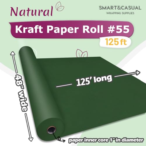 Image of SMART&CASUAL 48 inch x 1,500 inch (125') Dark Green Kraft Craft Paper Roll for Gift Wrapping Bulletin Board Bouquet Flower Art Packing Parcel Table Covering 80GSM 55LB (Dark Green, 48 inch x 125')